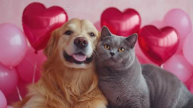 Golden retriever and gray cat posing among heart-shaped balloons in a pink backdrop. The 14th of February. Happy
