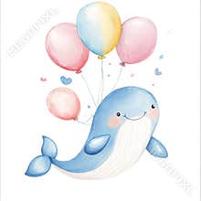 Lovely baby clip art design with a cute watercolor whale soaring through the air alongside balloons. Kids' stock