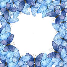 Frame with blue butterflies Watercolor illustration.
