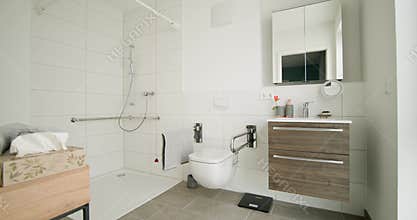 Modern white bathroom with wheelchair accessible shower and vanity