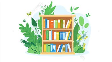 Illustration of a wooden bookshelf filled with colorful books, surrounded by plants and a butterfly