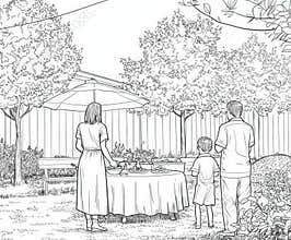 A festive scene of a neighborhood potluck iftar, coloring page for kids, simple outline illustration. Coloring book.