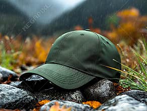 A green baseball cap sitting on a rock in the rain