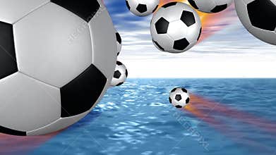 Soccer balls on fire flying towards the screen, stock footage