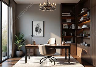 Modern Home Office with Wooden Desk, Bookshelf, and Warm Lighting