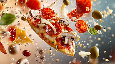 Delicious pizza slice with toppings mid-air: dynamic food art for culinary enthusiasts