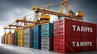 Cargo containers stacked in shipping yard with cranes in port under cloudy sky, highlighting trade tariffs and crisis