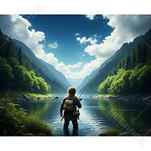 An AI generated image of a lone medieval fantasy vagabond fishing in a alpine lake