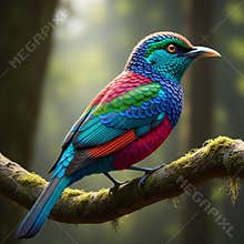 An AI generated image of colorful bird perching on a branch in forest