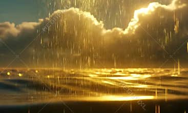 Ethereal golden rain, a cinematic surreal landscape with a magical glow.