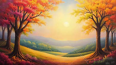 Colorful autumn landscape with trees and mountains at sunset