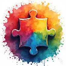 Colorful puzzle piece on watercolor background. Symbol of autism, unity, diversity. Spectrum of colours red, orange, yellow,
