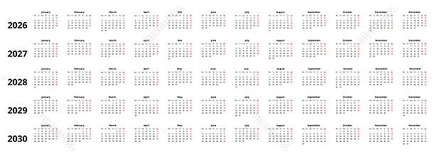 calendar template set for years 2026, 2027, 2028, 2029, 2030