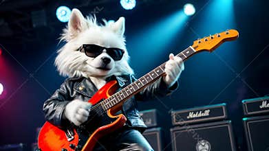 Cool dog in sunglasses and leather jacket playing electric guitar on stage. Funny animal character as rock star performing at