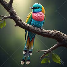 An AI generated image of colorful bird perching on a branch in forest