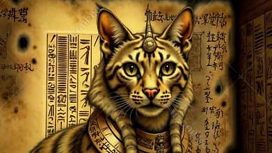 Golden Egyptian magic divine cat, cat in the temple of the Egyptian goddess