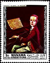 1970 Manama stamp featuring Thadais Helbing\'s portrait of young Mozart playing a piano.