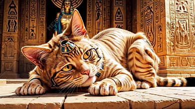 Golden Egyptian magic divine cat, cat in the temple of the Egyptian goddess