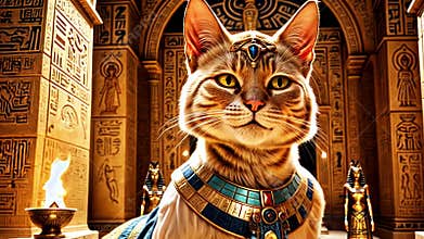 Golden Egyptian magic divine cat, cat in the temple of the Egyptian goddess