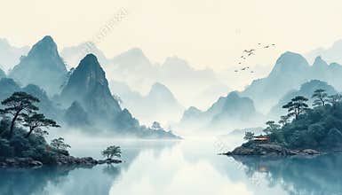 Serene watercolor landscape painting in Japanese, Chinese style. Calm lake with mountains in background, traditional oriental