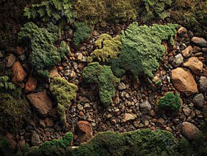 Close-up view of a textured, natural stone wall with a world relief map The relief map is stylized and embeddedcarved into the