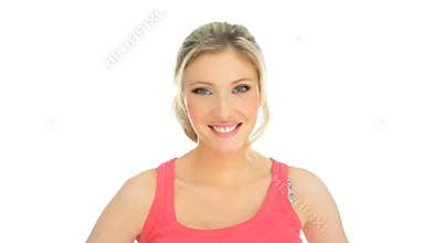Happy blonde woman on white