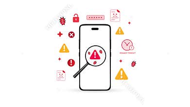 Error and corrupted file accessing concept with floating on the mobile, red alarming signs showing data breach