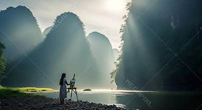 Woman artist painting serene misty mountain river landscape with beautiful sun rays