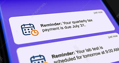 Calendar reminders, agenda alert notifications on smartphone screen, scrolling list of reminders about payments