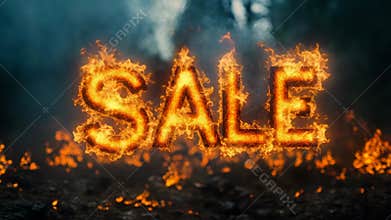 Flaming SALE text burning intensely with fire in dark dramatic atmosphere background.