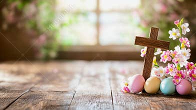 Easter cross surrounded by colorful eggs and flowers on rustic wooden table