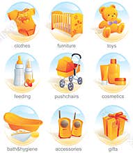 Icon set - baby items. Aqua