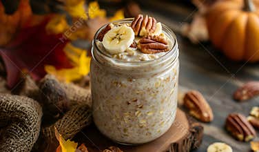 Overnight oats topped with banana and pecans, perfect for a healthy breakfast or snack. Set against a backdrop of autumn themed