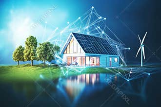 Modern eco-friendly house with solar panels and wind turbine by a serene lake at night