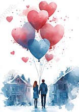 Lovers enjoy a romantic winter day in the snow with heart-shaped balloons and cozy houses
