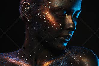 Portrait of woman with closed eyes and dark face art