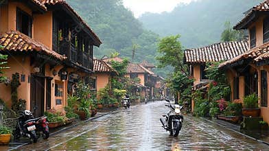 Rainy Day in a Tropical Village Street with Colorful Houses and Motorcycles