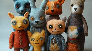 Colorful handmade plush creatures showcased at artisan craft fair in a lively setting with families enjoying the day