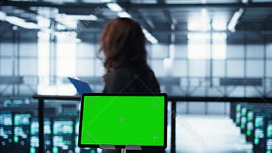 Close up of chroma key tablet and teamworking programmers in server room