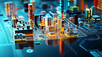 A futuristic cityscape rendered in holographic form with vibrant floating structures showcasing diverse industries