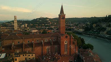 Aerial View of Basilica of St. Anastasia and Adige River in Verona, Italy