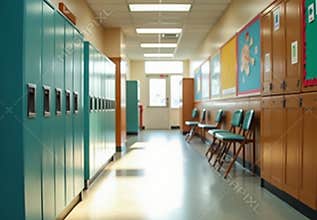 Bright and Colorful School Corridor with Lockers and Educational Posters