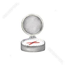 Grey metal compass for travelling. Camping equipment. Adventure trip clipart. Isolated compass. Hand-drawn watercolor