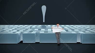 Businessman with Map trying to find his way in a Maze with Exclamation Sign, dark room, stock footage