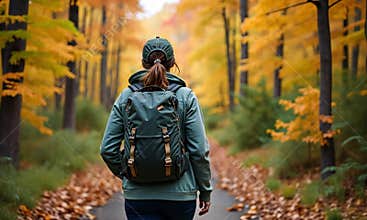 Woman Hiking Autumn Forest Path