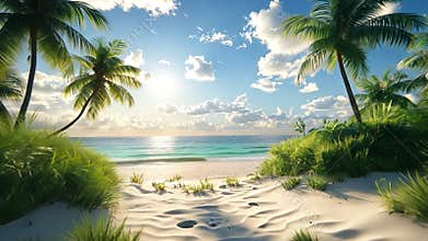Serene beach with palm trees, soft sand, and sunlight illuminating tranquil ocean waves for ultimate relaxation and peace