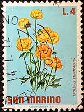 San Marino stamp with Trollius europaeus