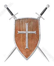 wooden shield decorated with metal cross and two swords isolated on white