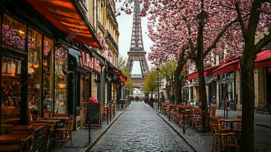 A street in Paris with a view of the Eiffel Tower