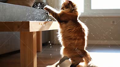 Playful ginger kitten climbing stretching up wooden table leg indoors funny stock footage Generative AI